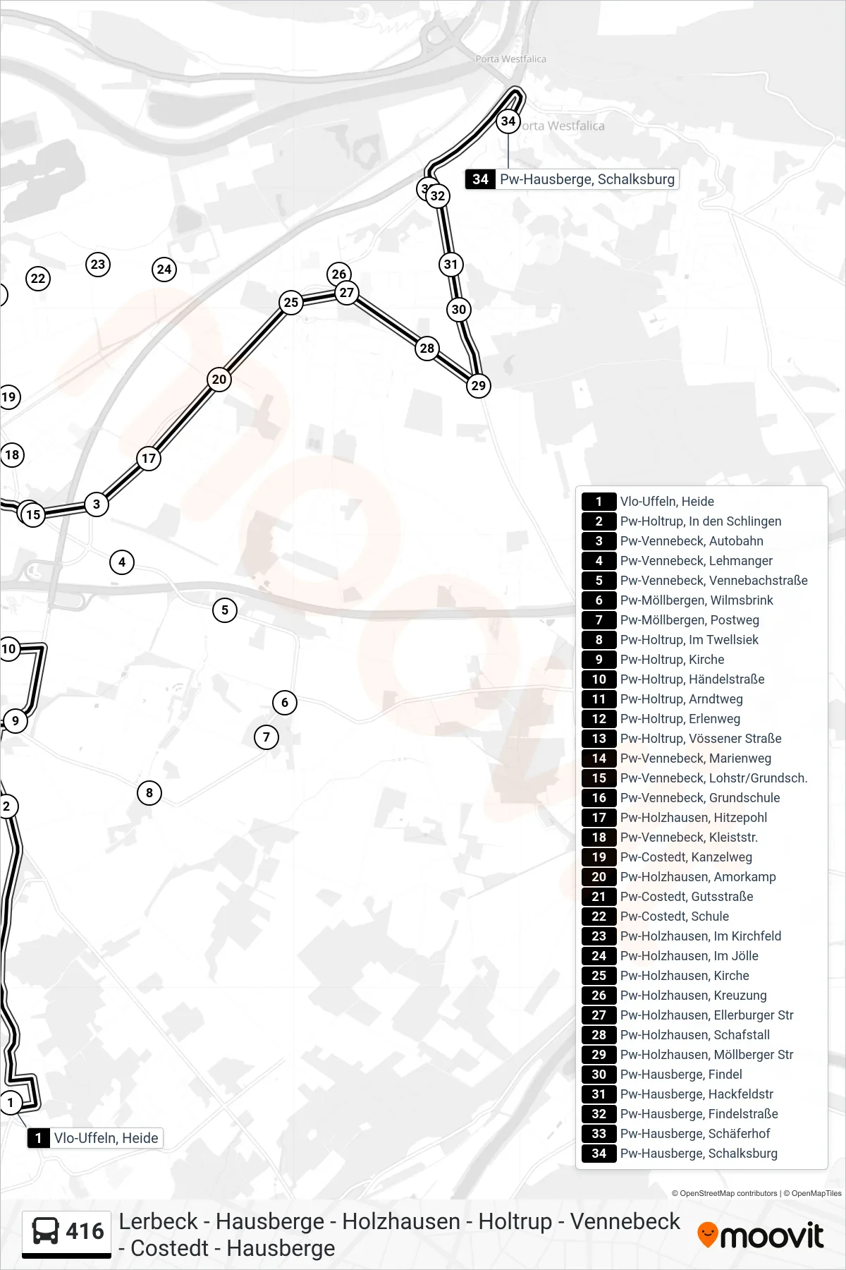 416 bus Line (Pw-Hausberge, Schalksburg) route and stops on a map