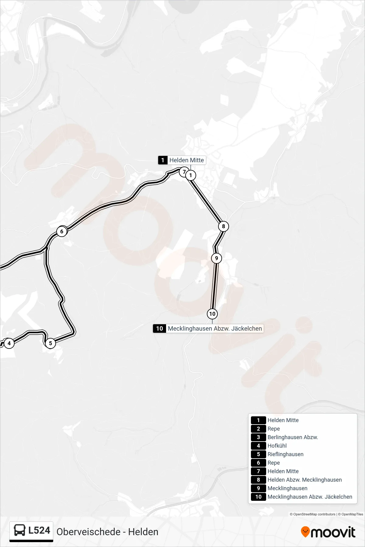 L524 bus Line (Mecklinghausen Abzw. Jäckelchen) route and stops on a map