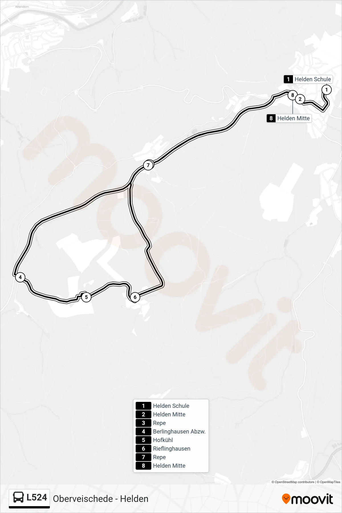 L524 bus Line (Helden Mitte) route and stops on a map