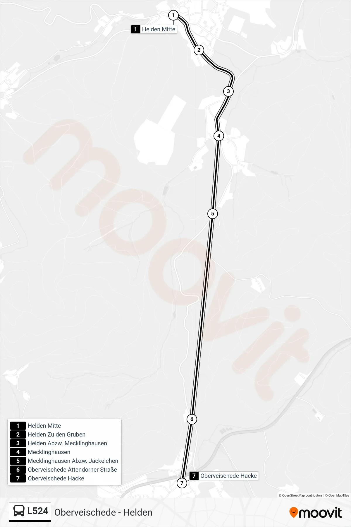 L524 bus Line (Oberveischede Hacke) route and stops on a map