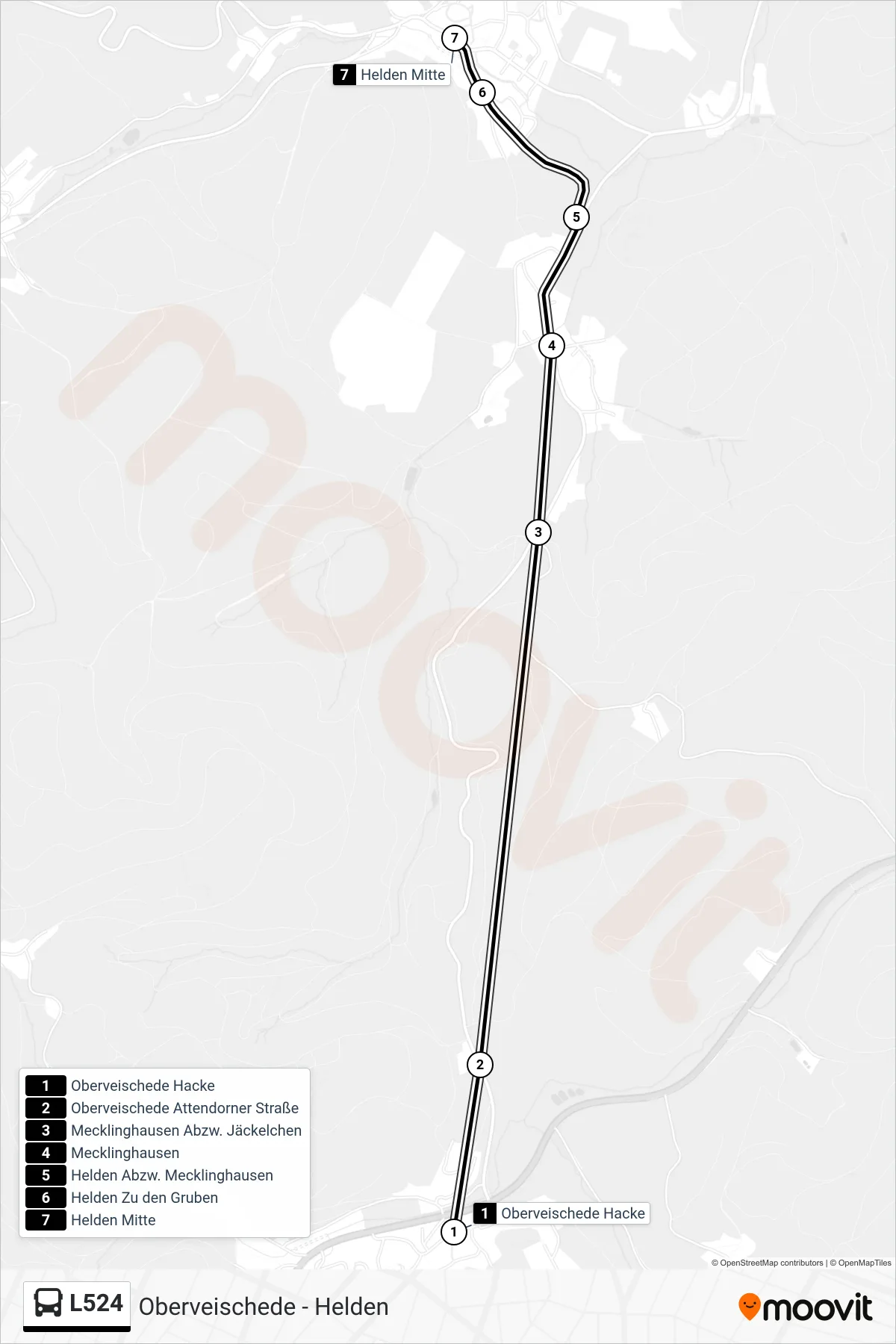 L524 bus Line (Helden Mitte) route and stops on a map