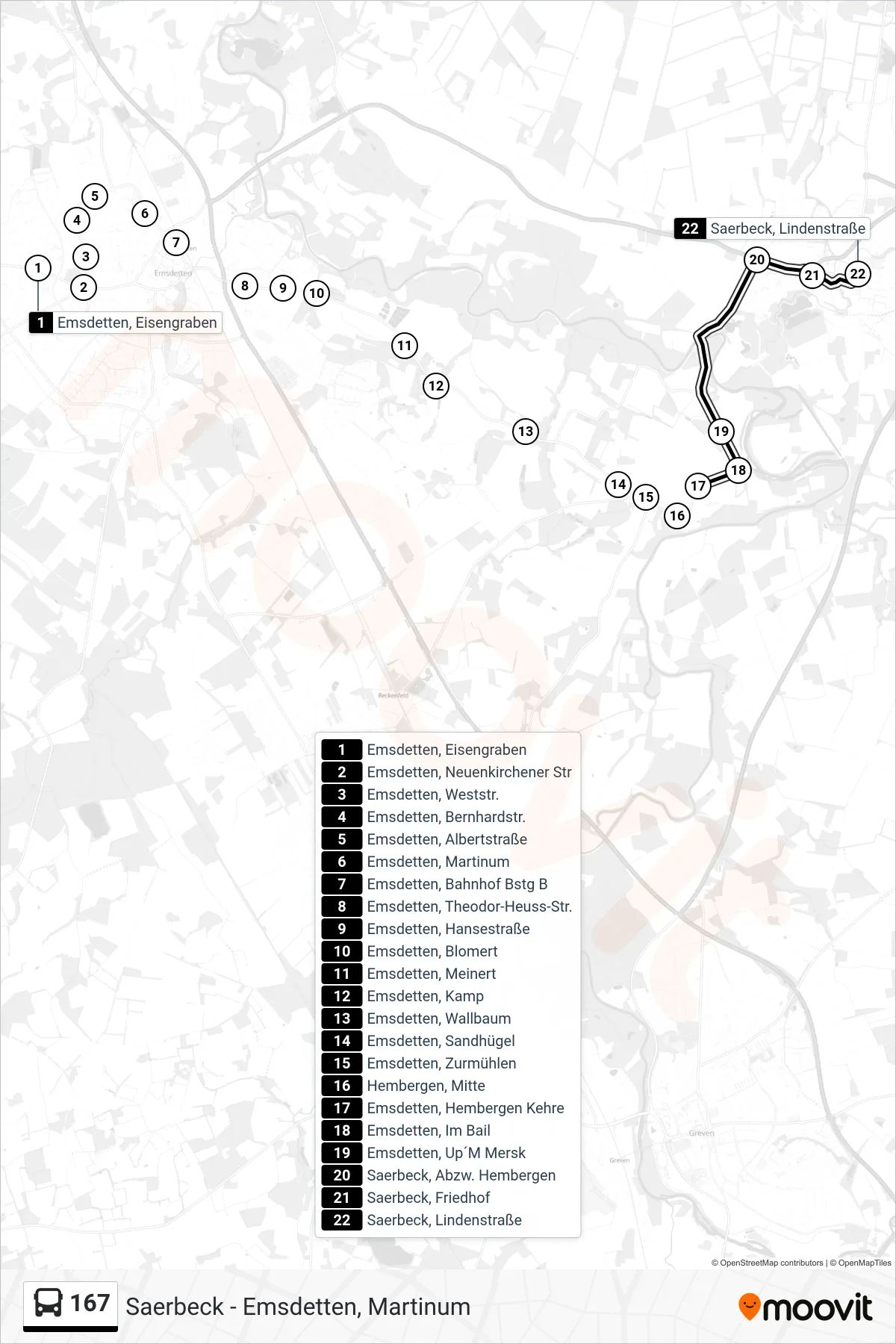 167 bus Line (Saerbeck, Lindenstraße) route and stops on a map