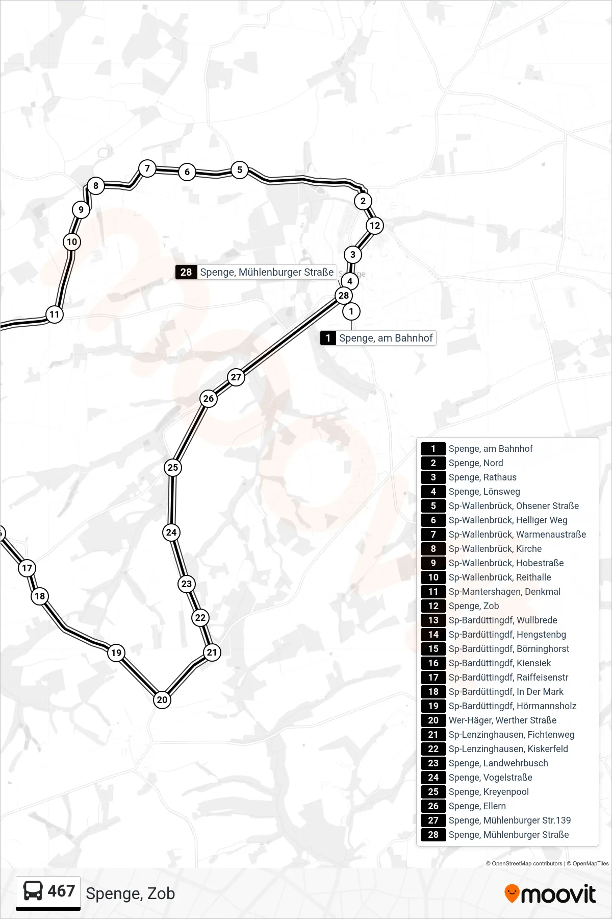 Linie 467 (Bus) Richtung Spenge, Zob: Route und Haltestellen auf der Karte