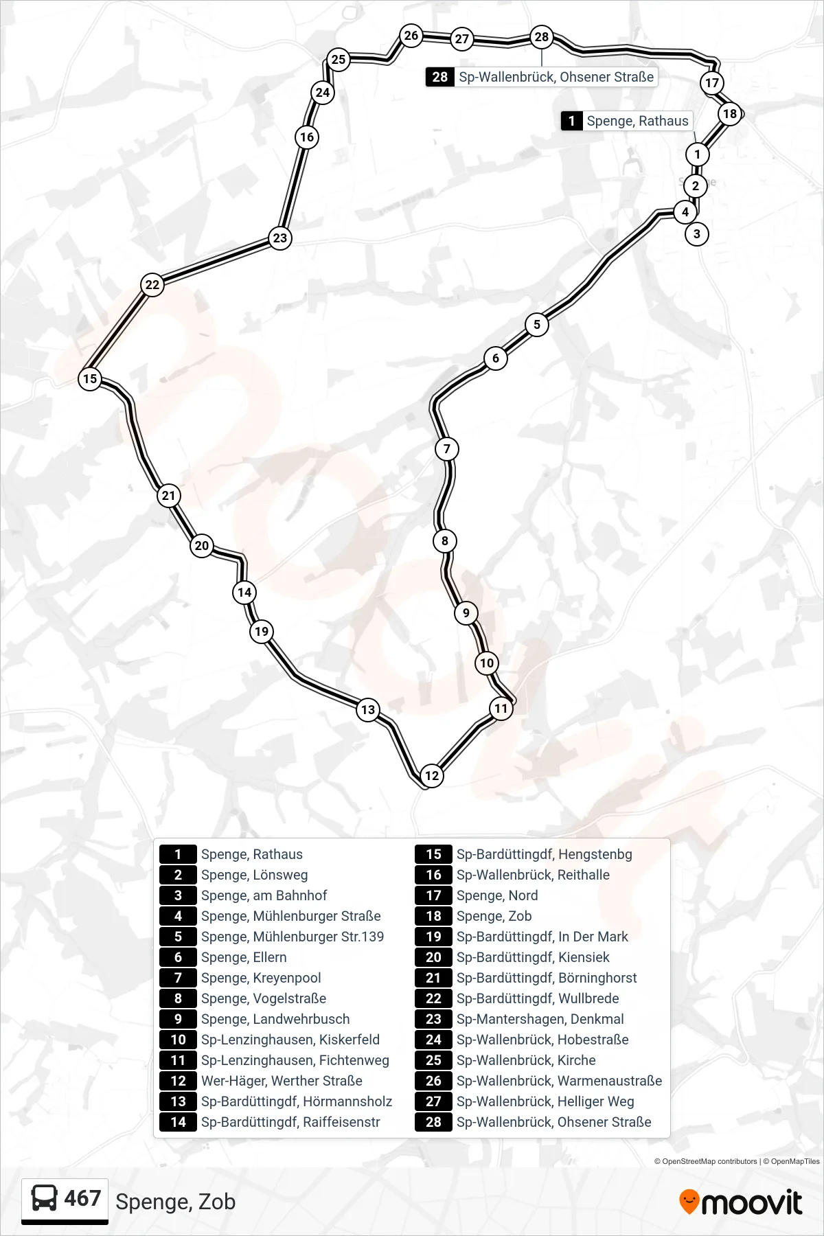 467 bus Line (Spenge, Zob) route and stops on a map