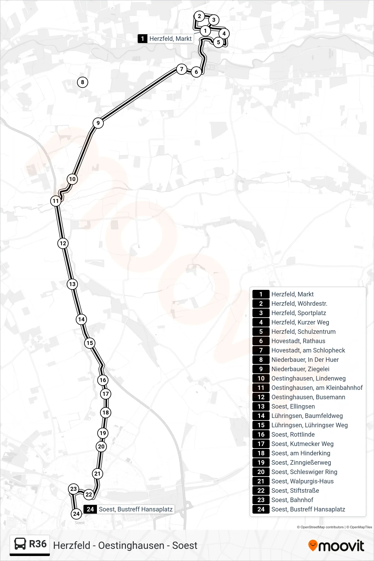 R36 bus Line (Soest, Bustreff Hansaplatz B) route and stops on a map