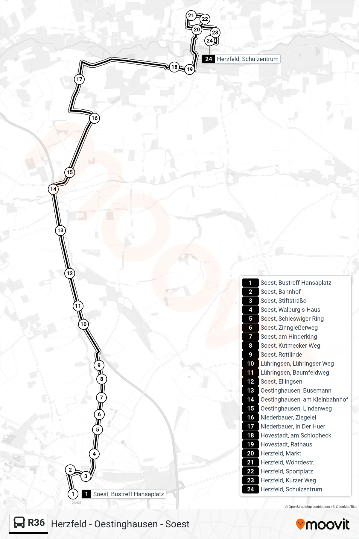 R36 bus Line (Herzfeld, Schulzentrum) route and stops on a map