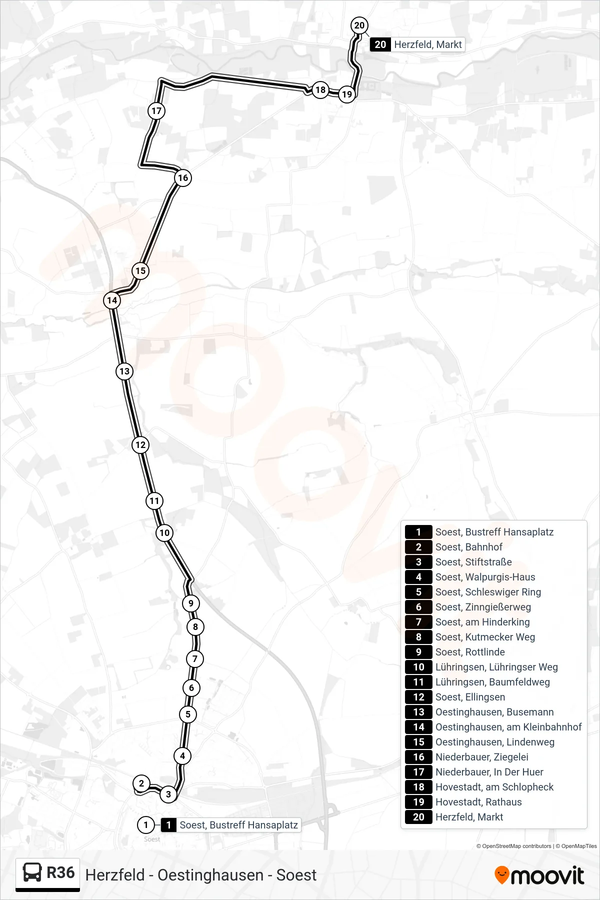 R36 bus Line (Herzfeld, Markt) route and stops on a map