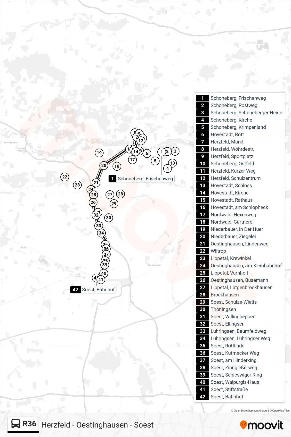 R36 bus Line (Soest, Bahnhof A) route and stops on a map