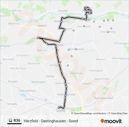 Автобус R36: карта маршрута
