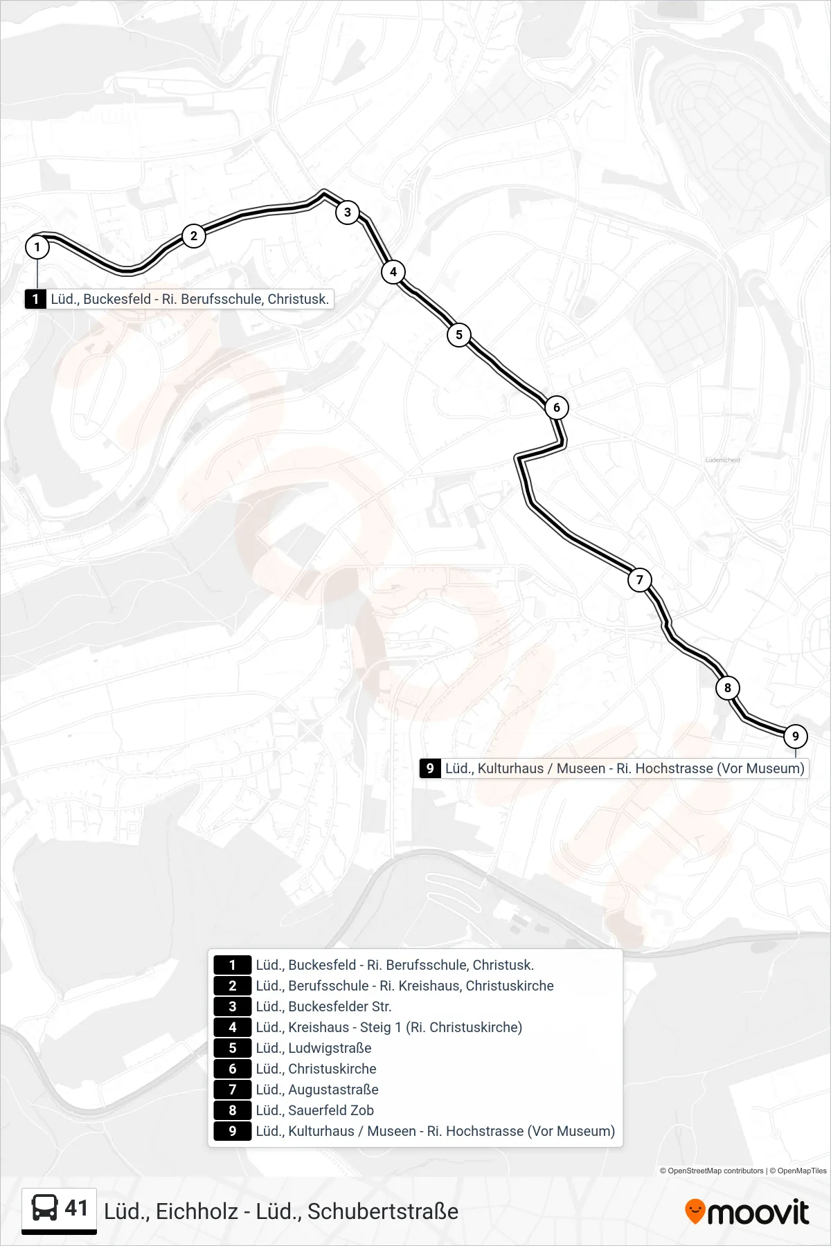 41 bus Line (Lüd., Kulturhaus / Museen - Ri. Hochstrasse (Vor Museum)) route and stops on a map