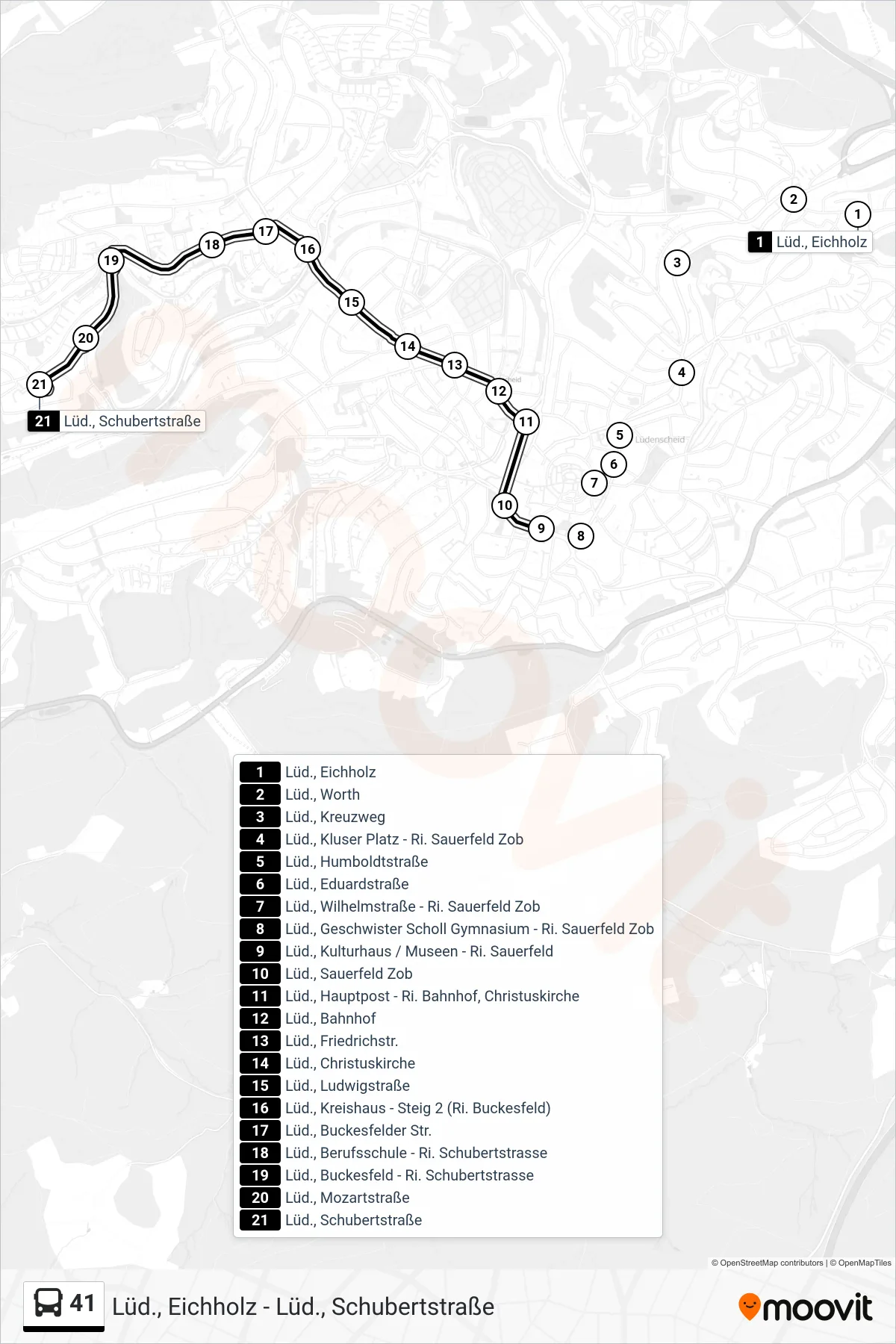 41 bus Line (Lüd., Schubertstraße) route and stops on a map