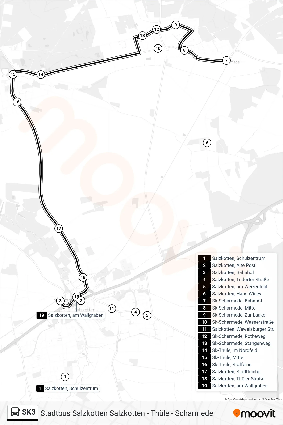 SK3 bus Line (Salzkotten, Bahnhof) route and stops on a map