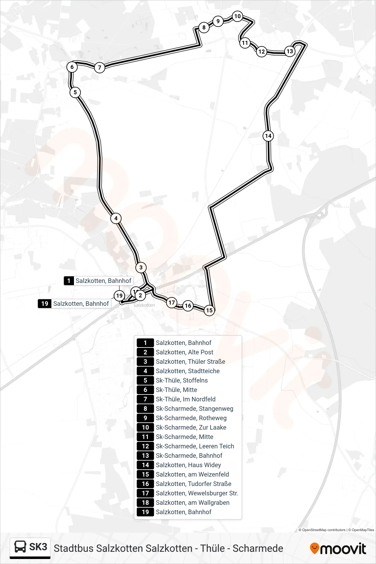 SK3 bus Line (Salzkotten, Bahnhof) route and stops on a map