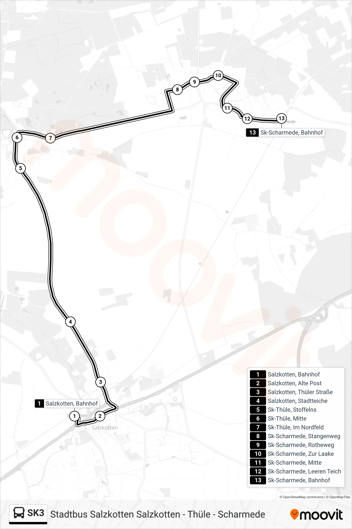 SK3 bus Line (Sk-Scharmede, Bahnhof) route and stops on a map