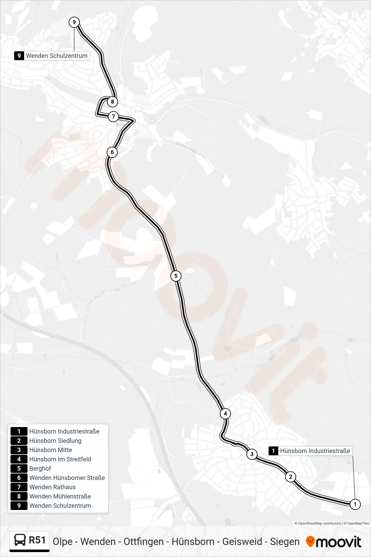 R51 bus Line (Wenden Schulzentrum) route and stops on a map