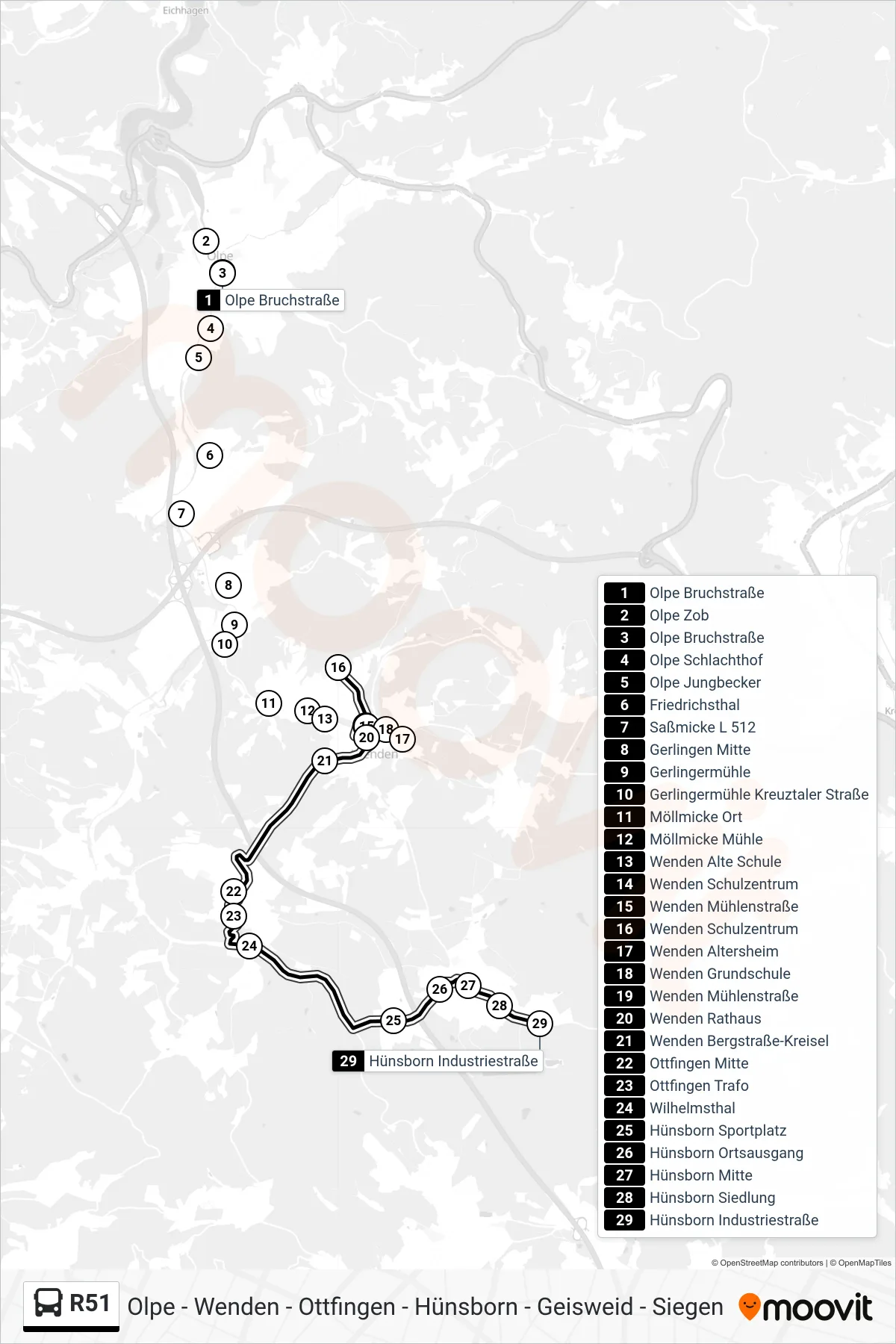 R51 bus Line (Hünsborn Industriestraße) route and stops on a map