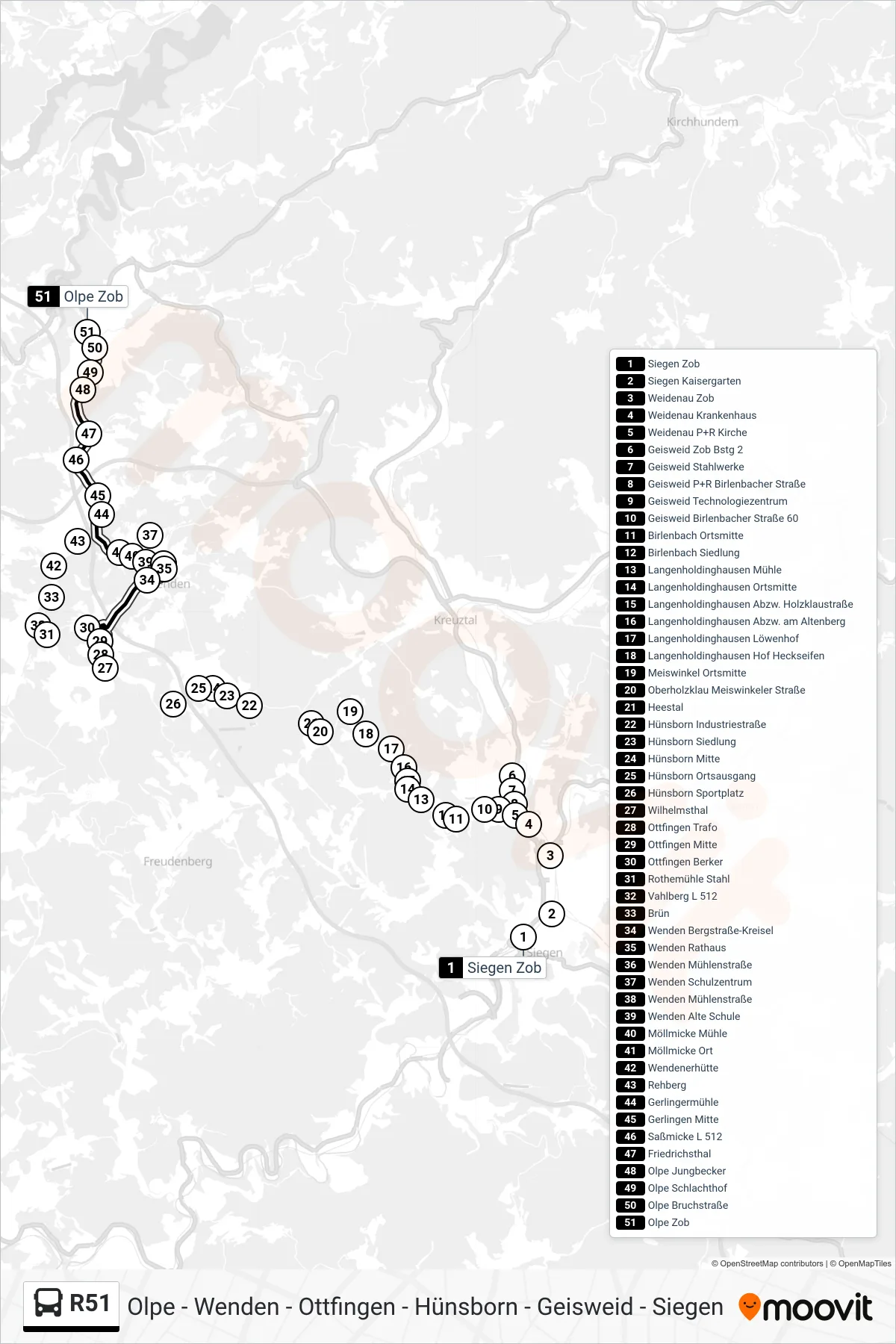 R51 bus Line (Olpe Zob Bstg 10) route and stops on a map