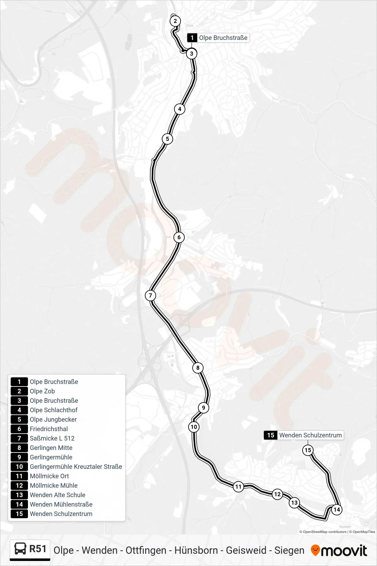 R51 bus Line (Wenden Schulzentrum) route and stops on a map