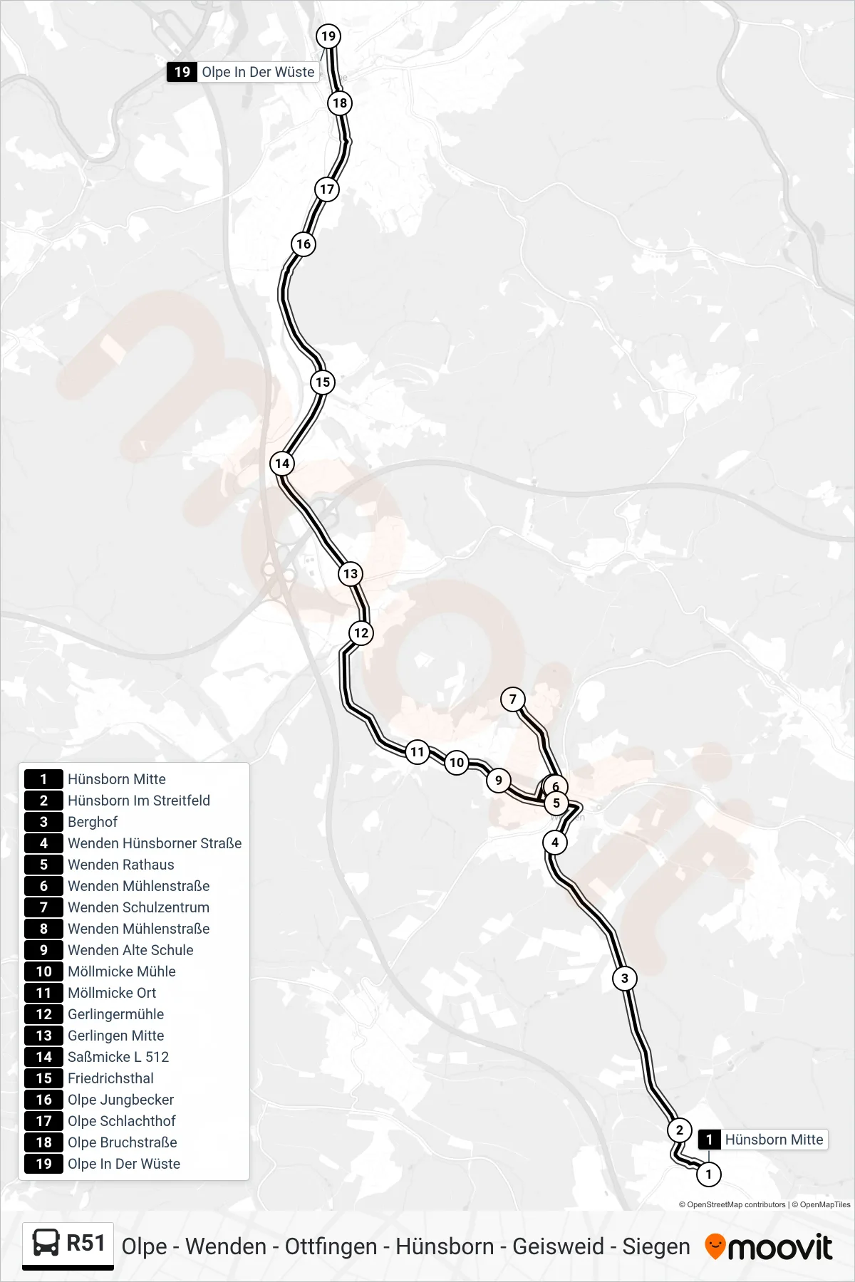 Linie R51 (Bus) Richtung Olpe In Der Wüste: Route und Haltestellen auf der Karte