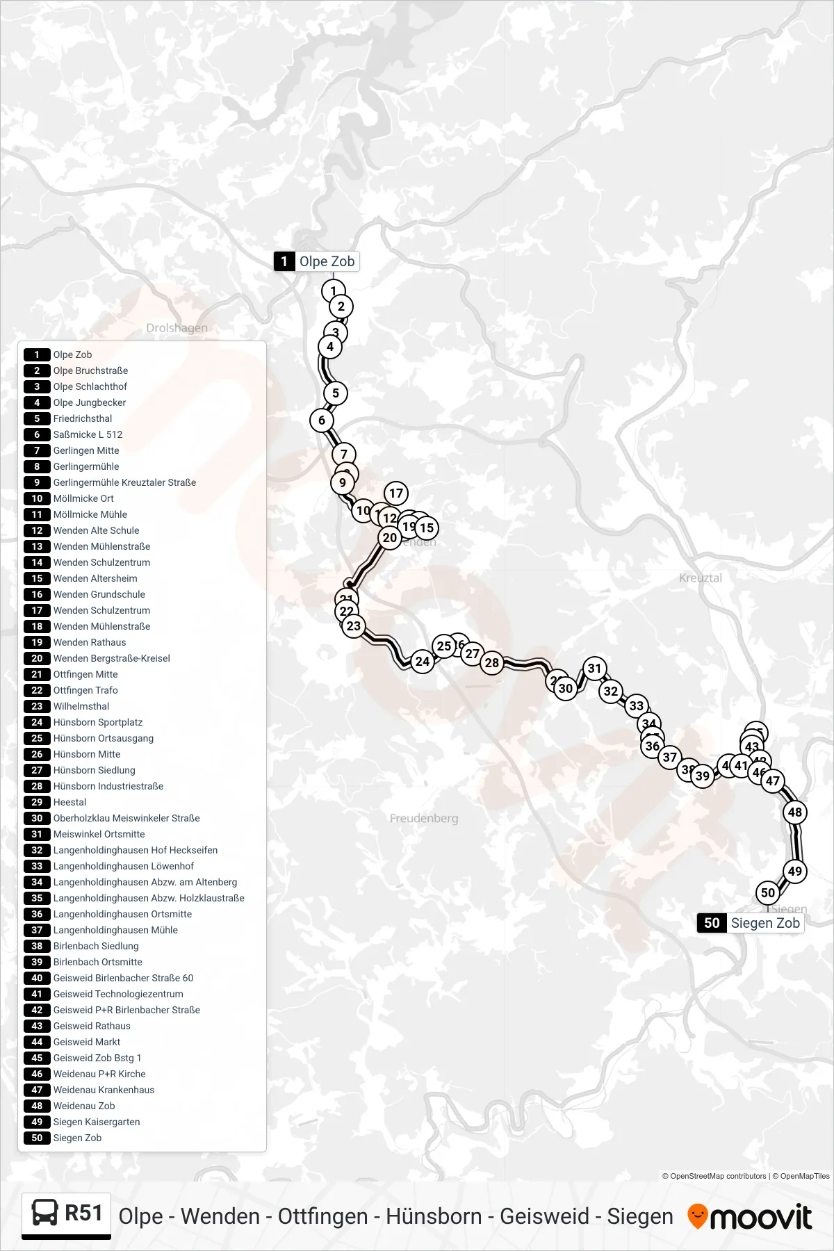 R51 bus Line (Siegen Zob Bstg A) route and stops on a map