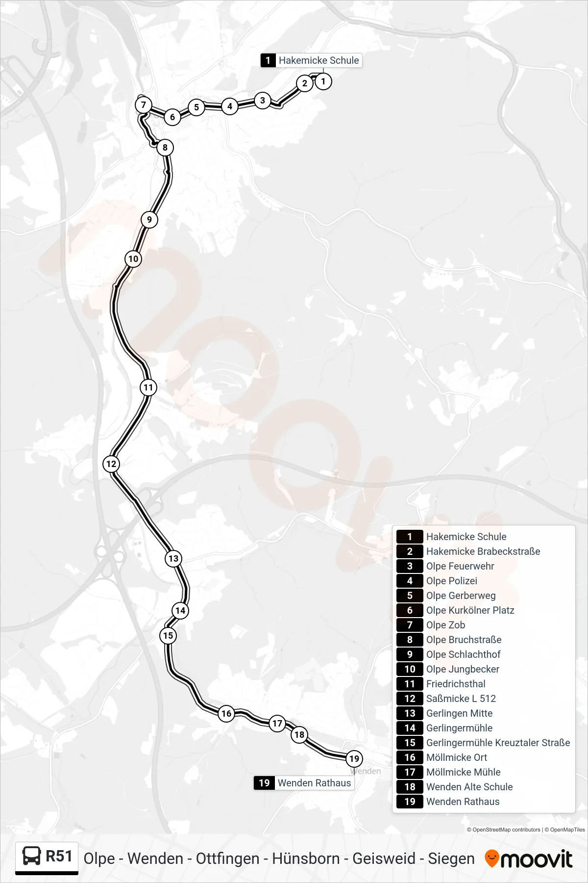 R51 bus Line (Wenden Rathaus) route and stops on a map