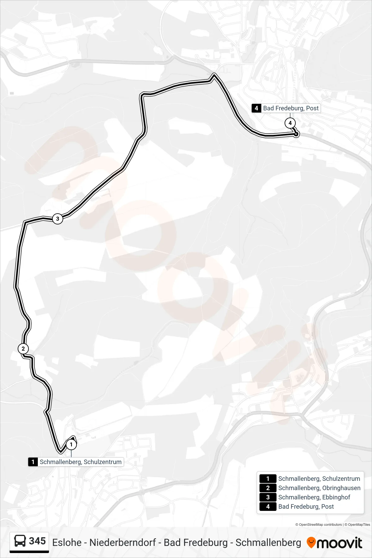 345 bus Line (Bad Fredeburg, Post) route and stops on a map