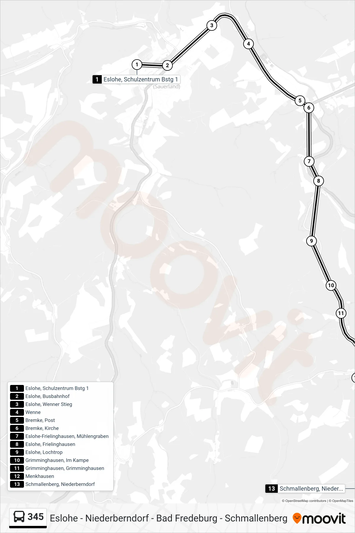 345 bus Line (Schmallenberg, Niederberndorf) route and stops on a map