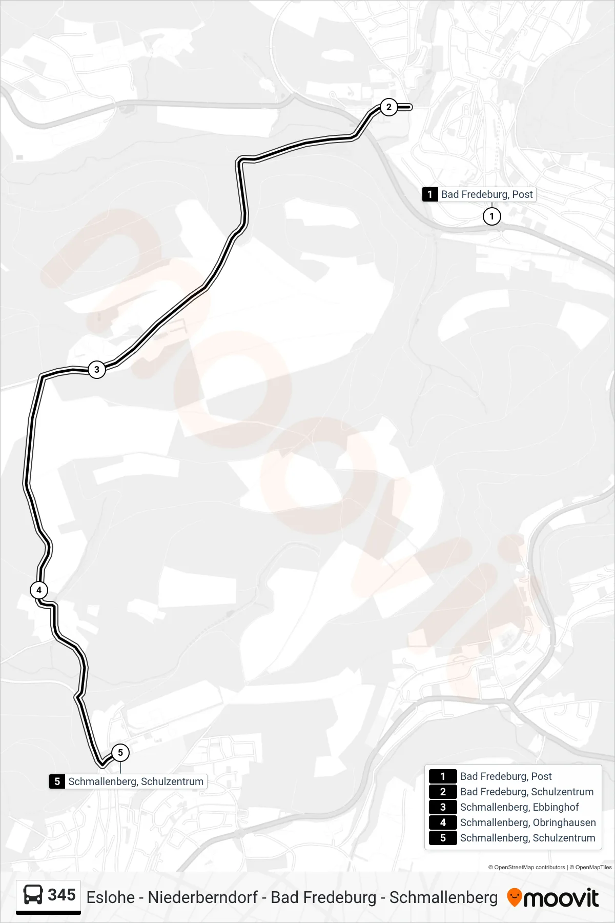 345 bus Line (Schmallenberg, Schulzentrum) route and stops on a map