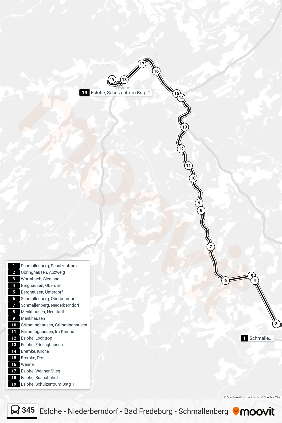 Linie 345 (Bus) Richtung Eslohe, Schulzentrum Bstg 1: Route und Haltestellen auf der Karte