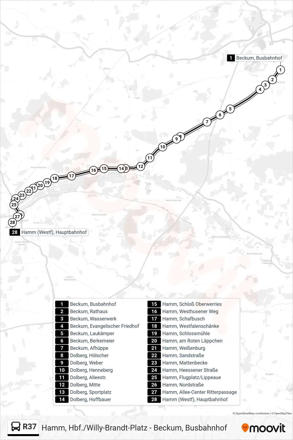R37 bus Line (Hamm (Westf), Hauptbahnhof) route and stops on a map