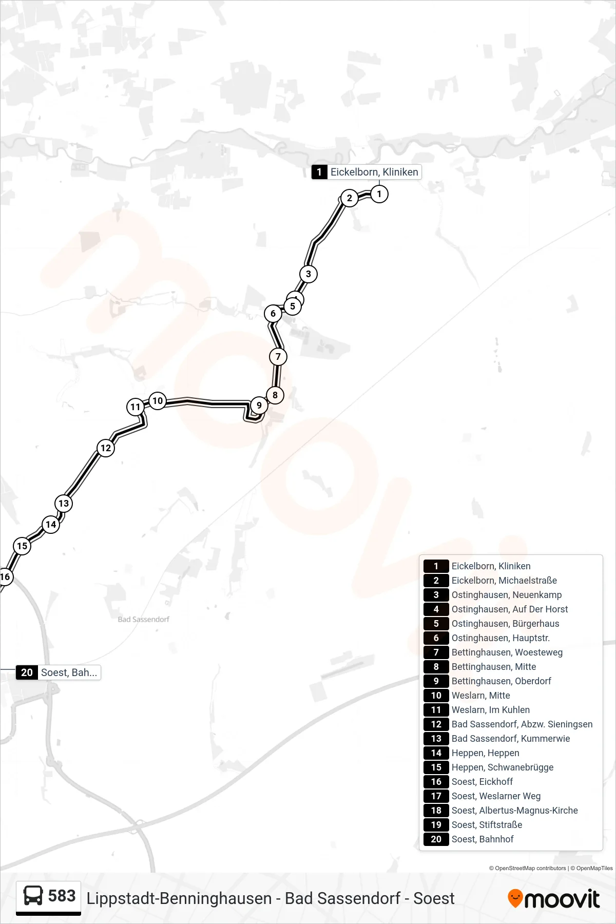 583 bus Line (Soest Bahnhof) route and stops on a map