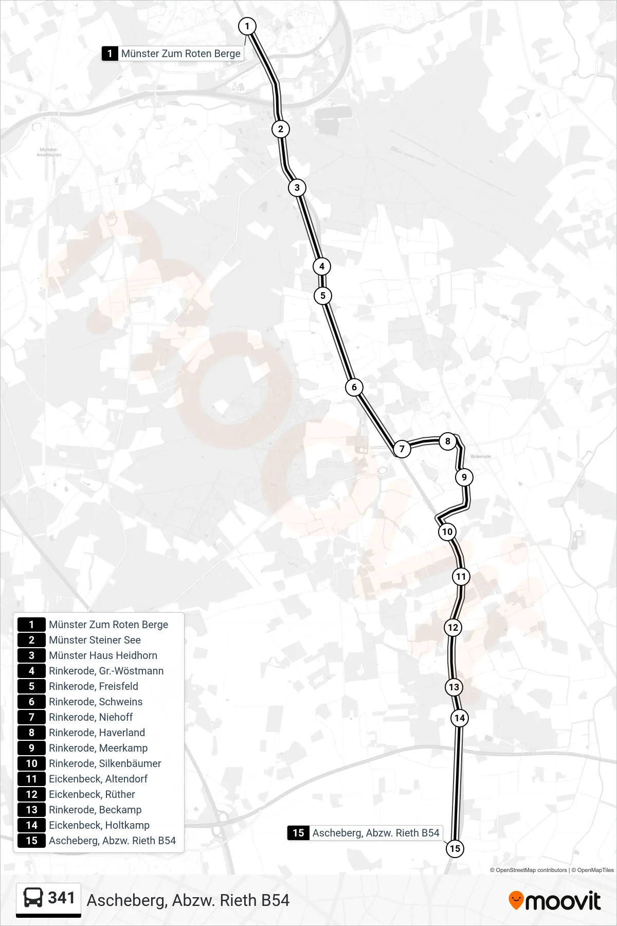 341 bus Line (Ascheberg,  Abzw. Rieth B54) route and stops on a map