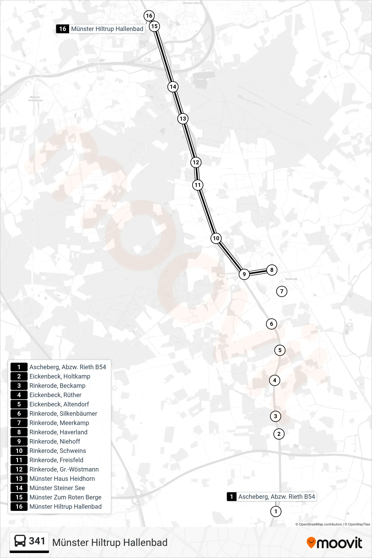 Linie 341 (Bus) Richtung Münster Hiltrup Hallenbad: Route und Haltestellen auf der Karte
