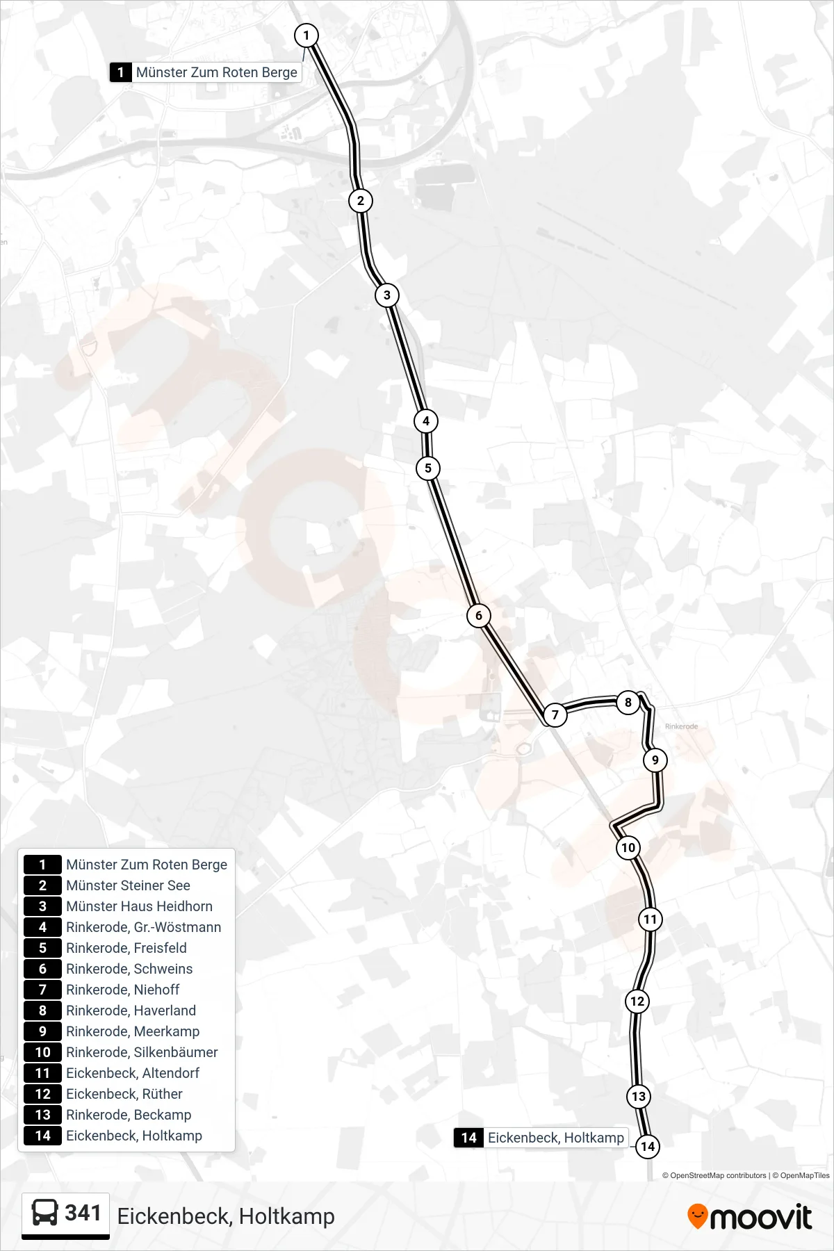 341 bus Line (Eickenbeck,  Holtkamp) route and stops on a map