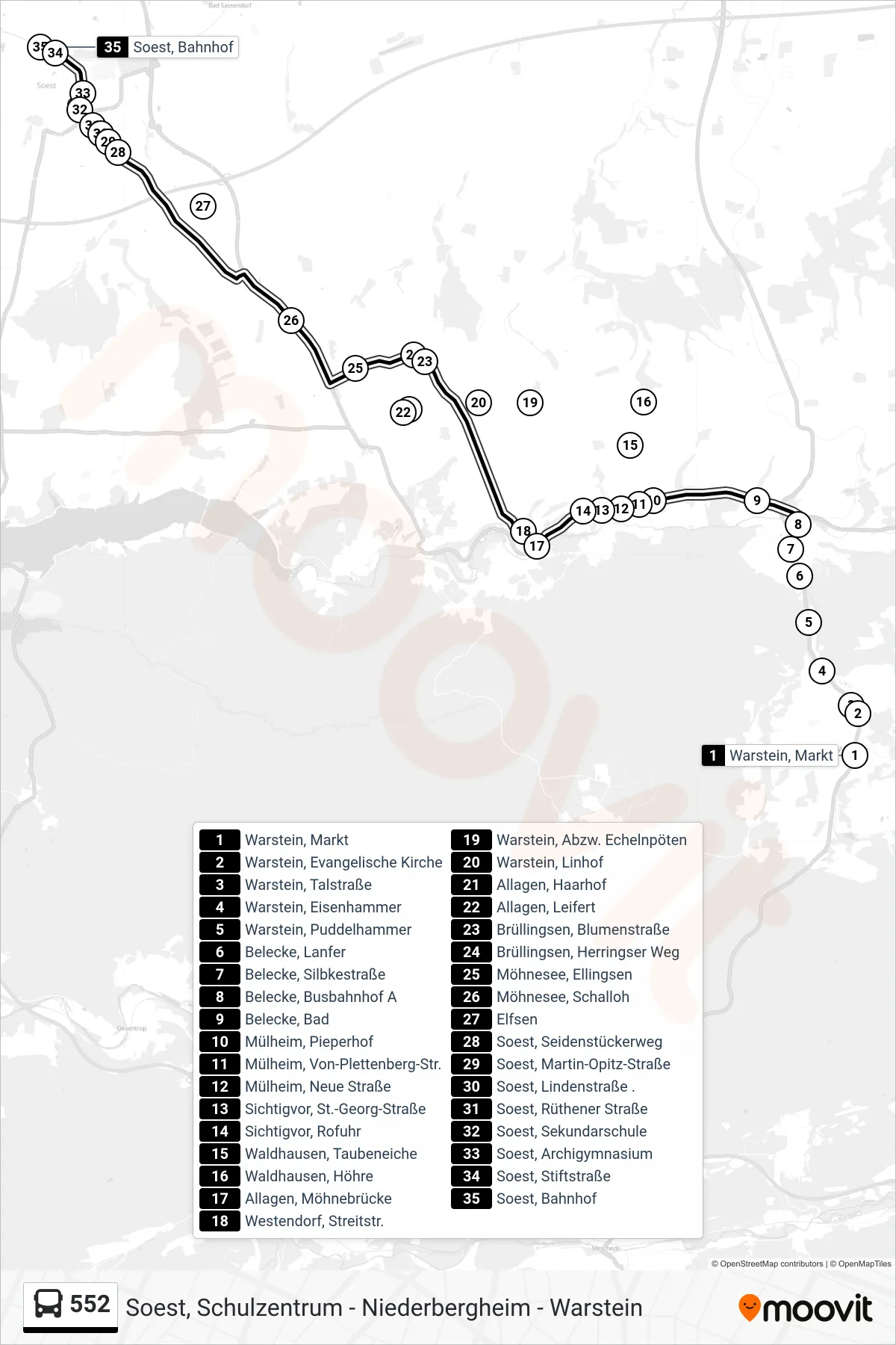 Linie 552 (Bus) Richtung Soest, Bahnhof A: Route und Haltestellen auf der Karte