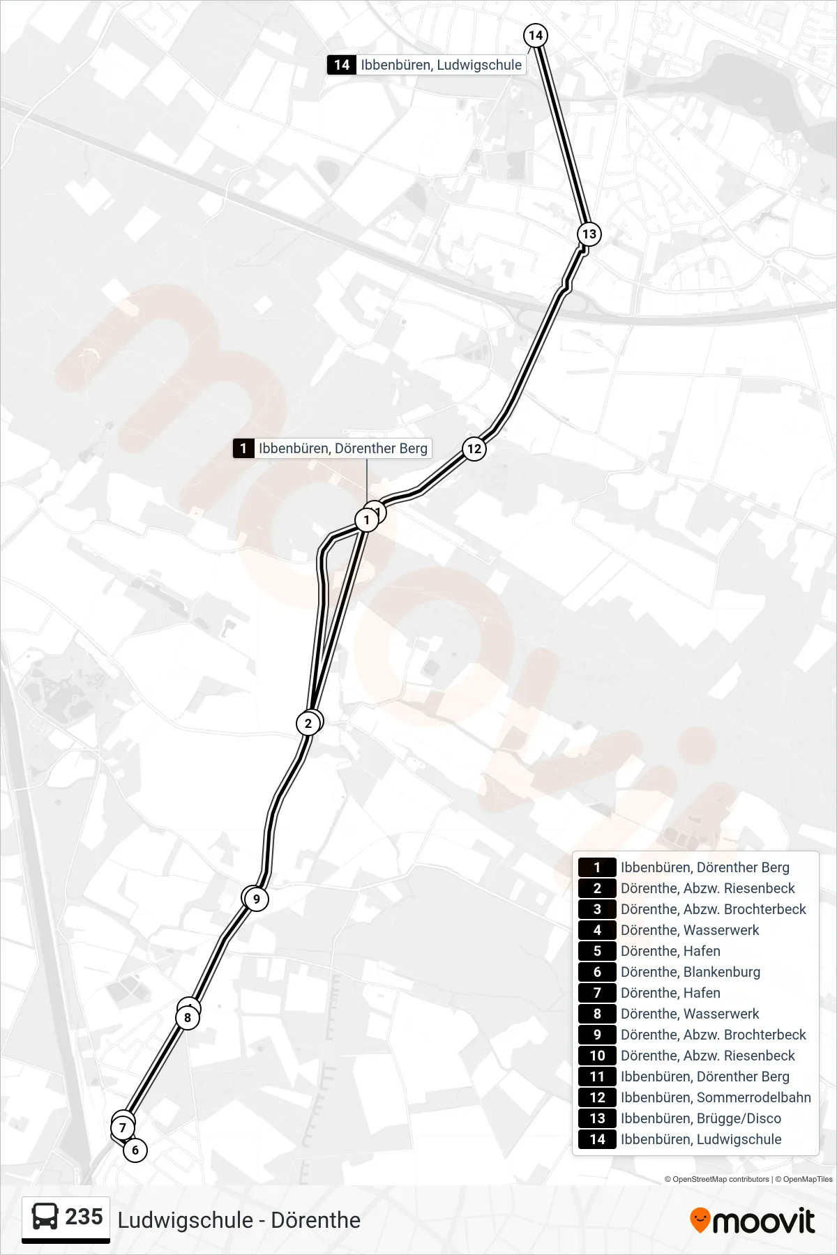 Linie 235 (Bus) Richtung Ibbenbüren, Ludwigschule: Route und Haltestellen auf der Karte