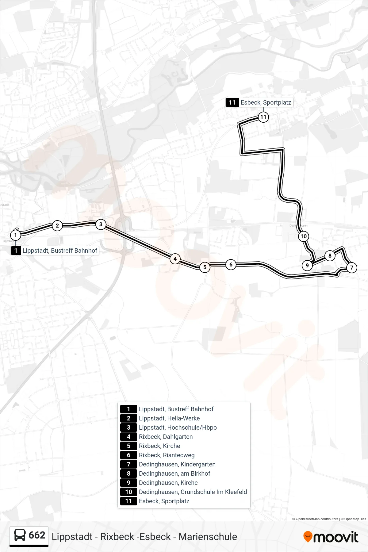 Linie 662 (Bus) Richtung Esbeck, Sportplatz: Route und Haltestellen auf der Karte