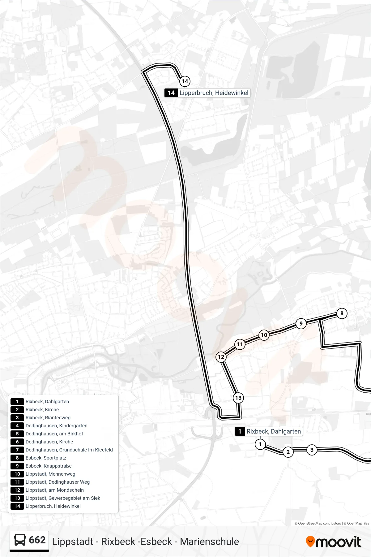 662 bus Line (Lipperbruch, Heidewinkel) route and stops on a map
