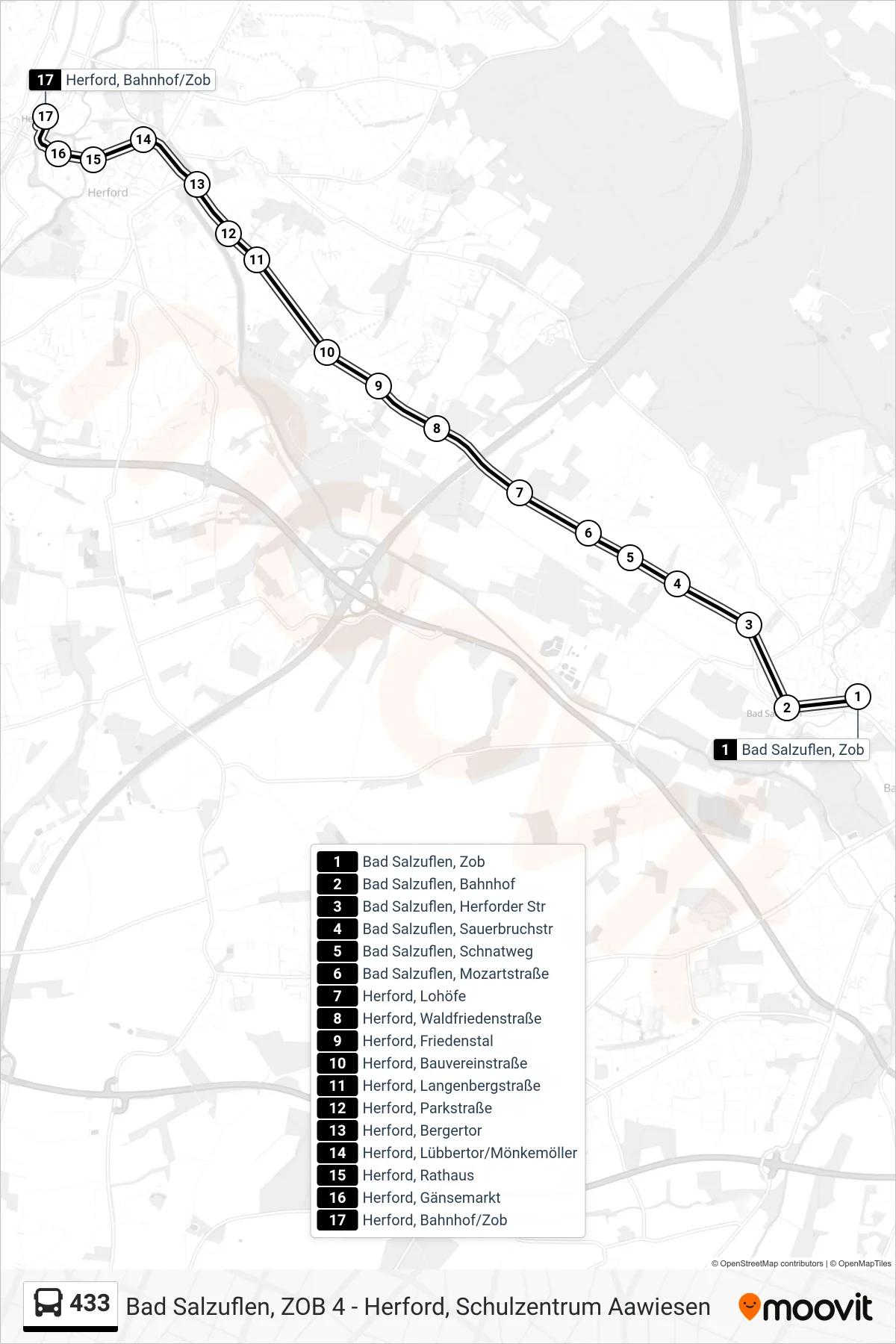 433 bus Line (Herford, Bahnhof/Zob) route and stops on a map