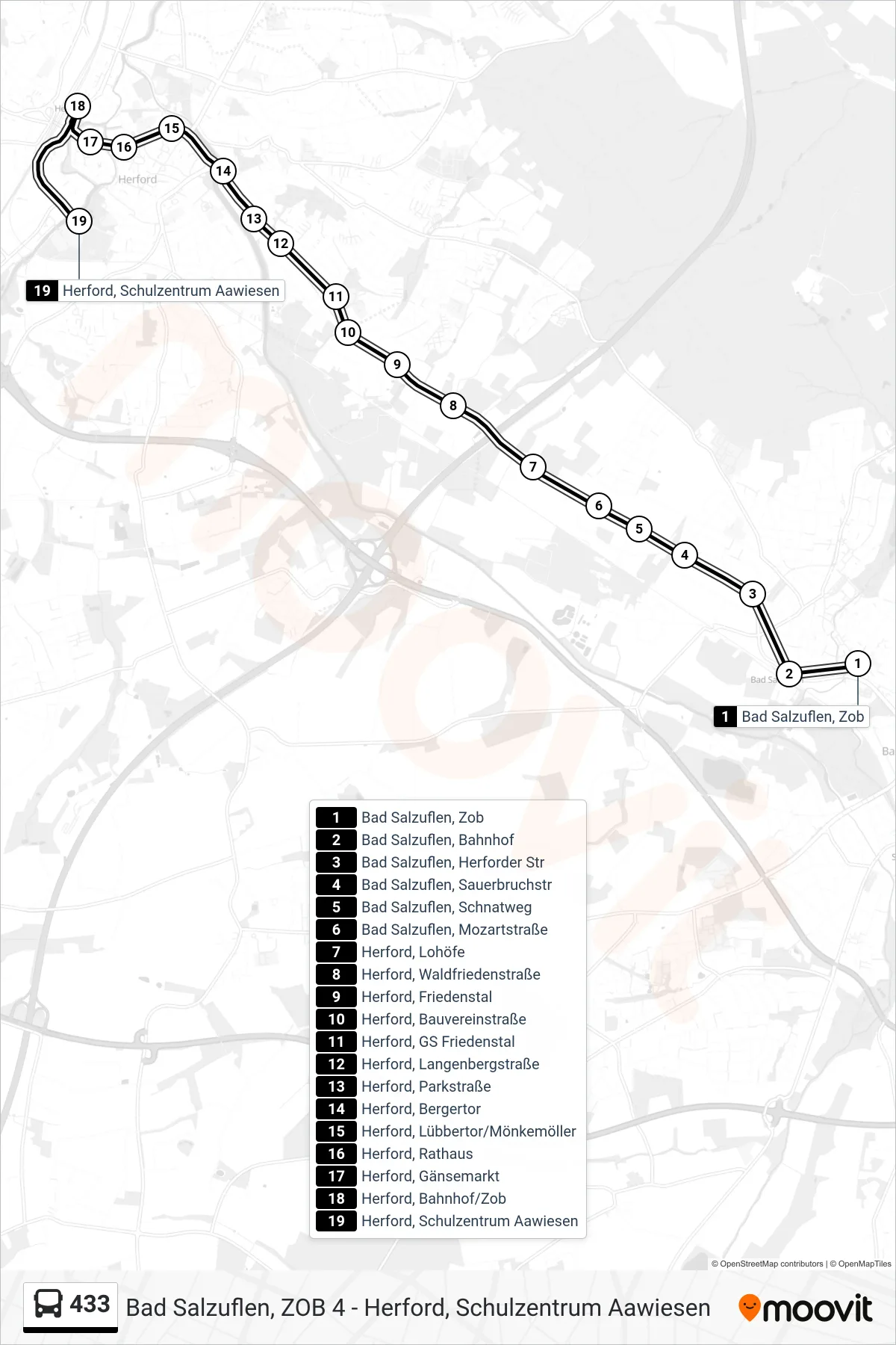 Linie 433 (Bus) Richtung Herford, Schulzentrum Aawiesen: Route und Haltestellen auf der Karte