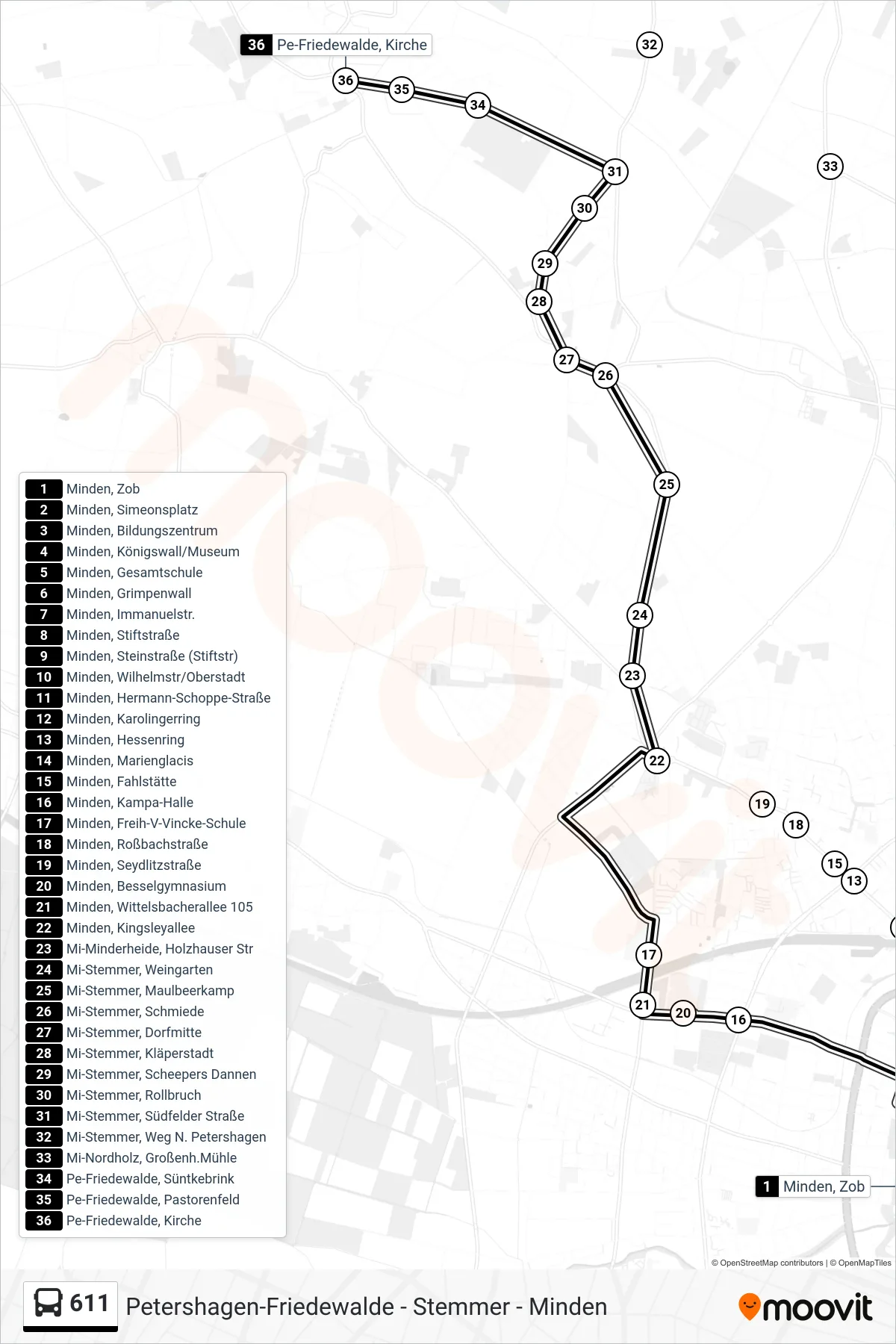 611 bus Line (Pe-Friedewalde, Kirche) route and stops on a map