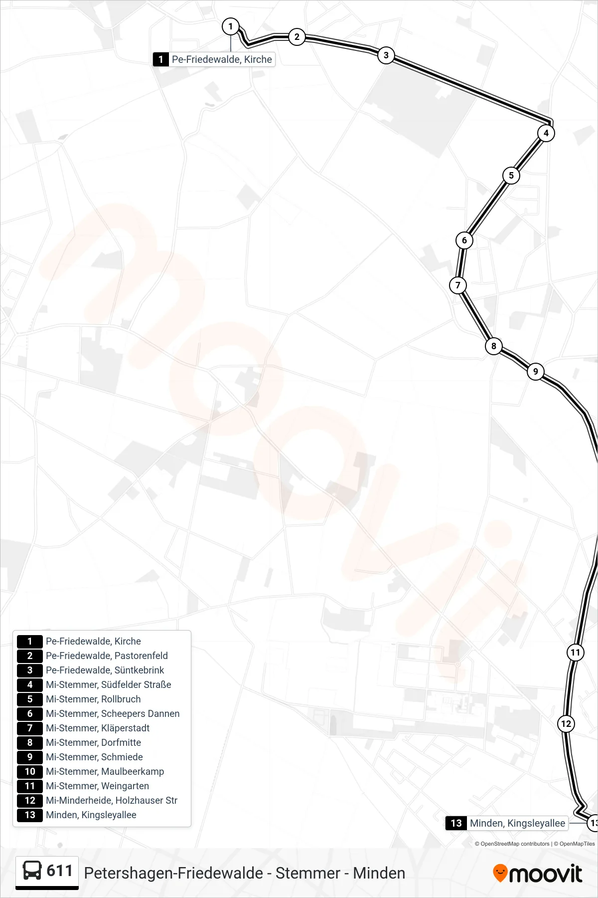 611 bus Line (Minden, Kingsleyallee) route and stops on a map