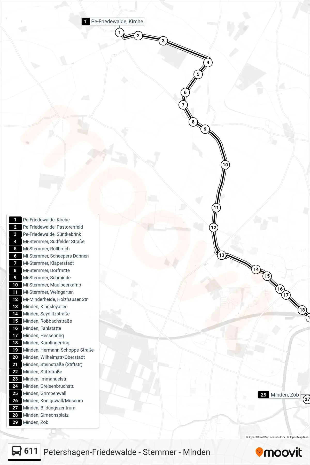 Linie 611 (Bus) Richtung Minden, Zob: Route und Haltestellen auf der Karte