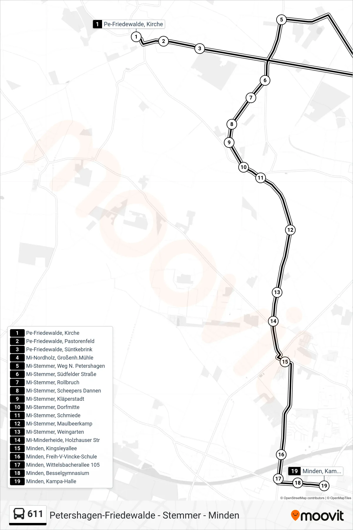 611 bus Line (Minden, Kampa-Halle) route and stops on a map