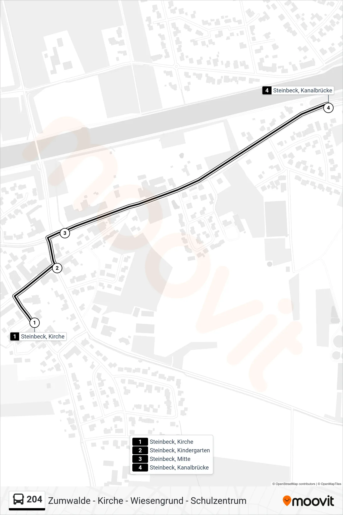 Linie 204 (Bus) Richtung Steinbeck, Kanalbrücke: Route und Haltestellen auf der Karte