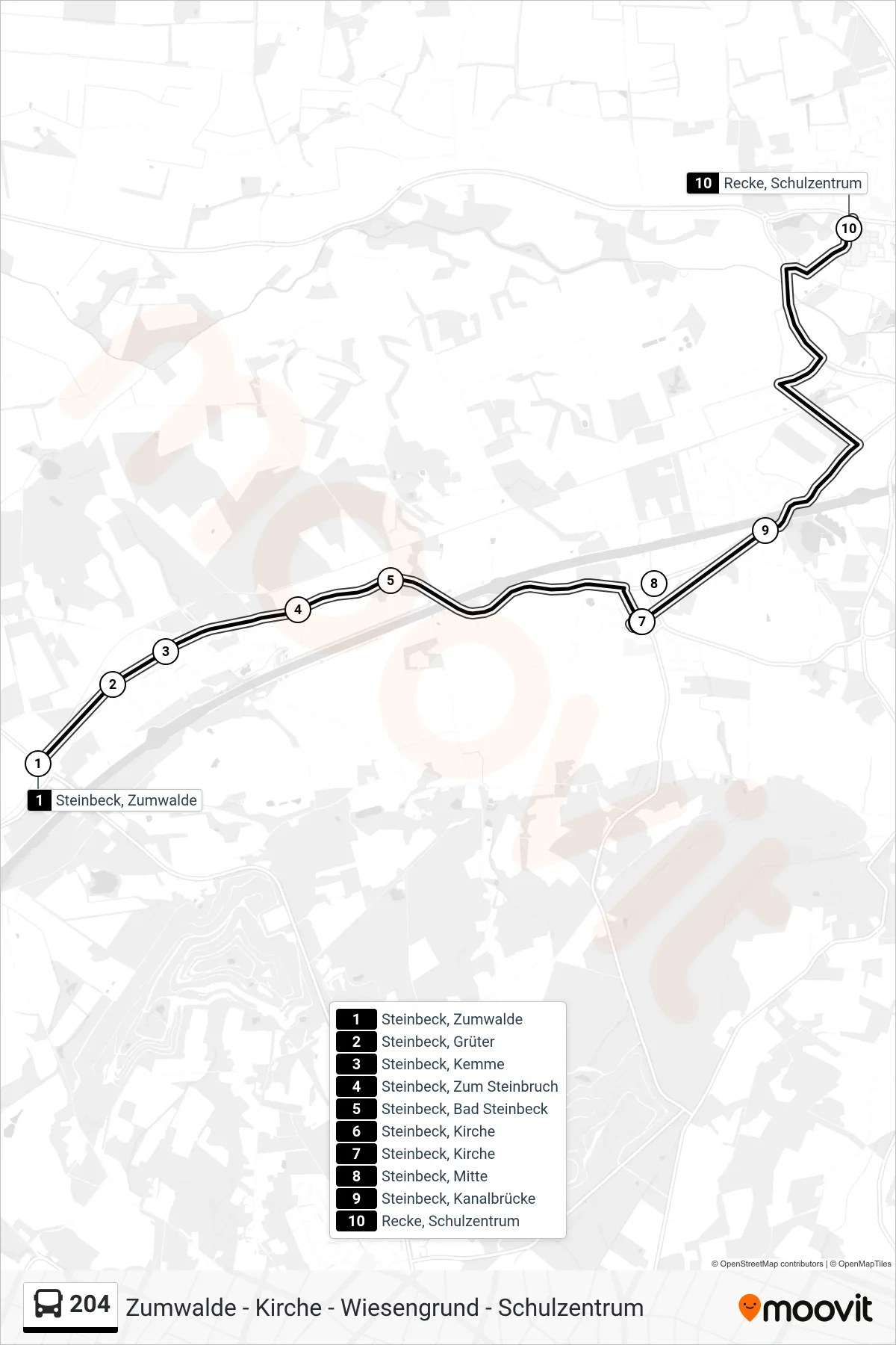 204 bus Line (Recke, Schulzentrum Bstg H1) route and stops on a map
