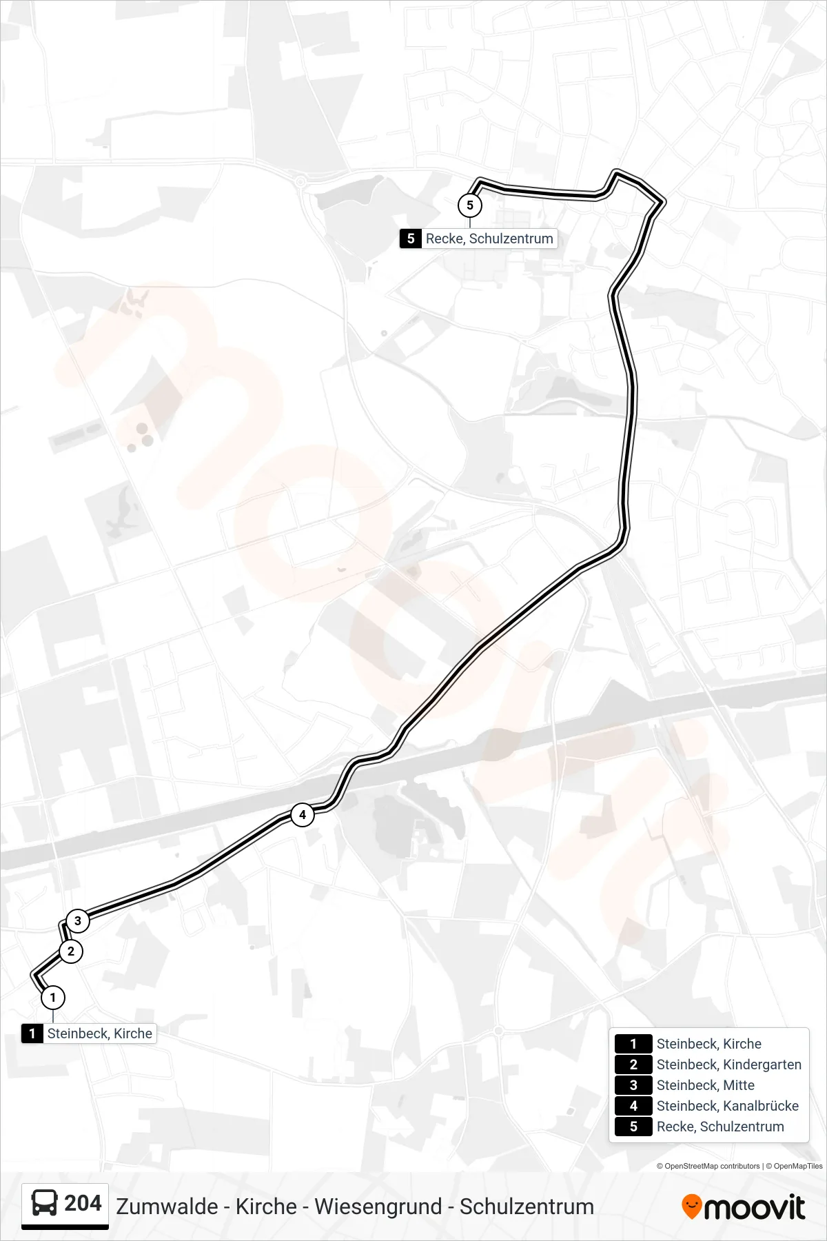 204 bus Line (Recke, Schulzentrum Bstg H6) route and stops on a map