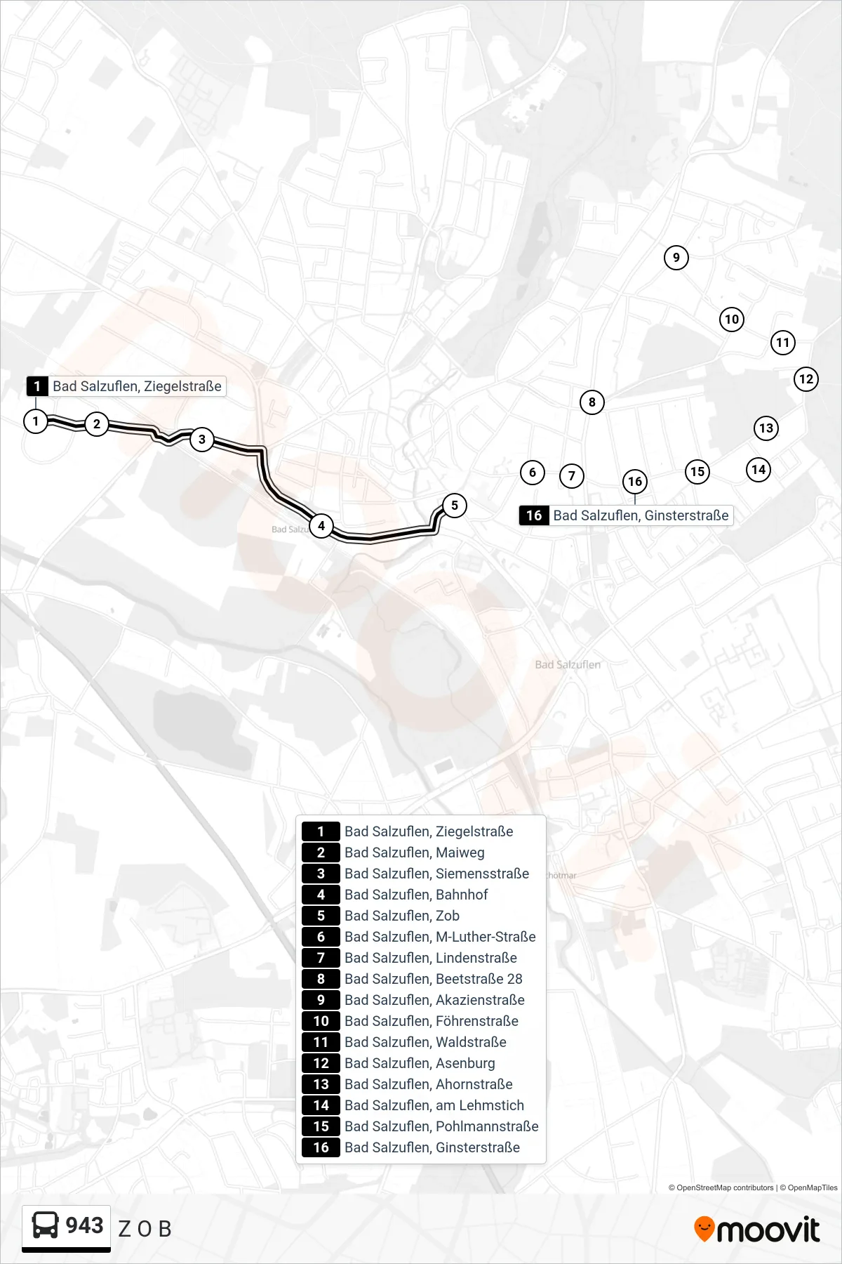 943 bus Line (Z O B) route and stops on a map