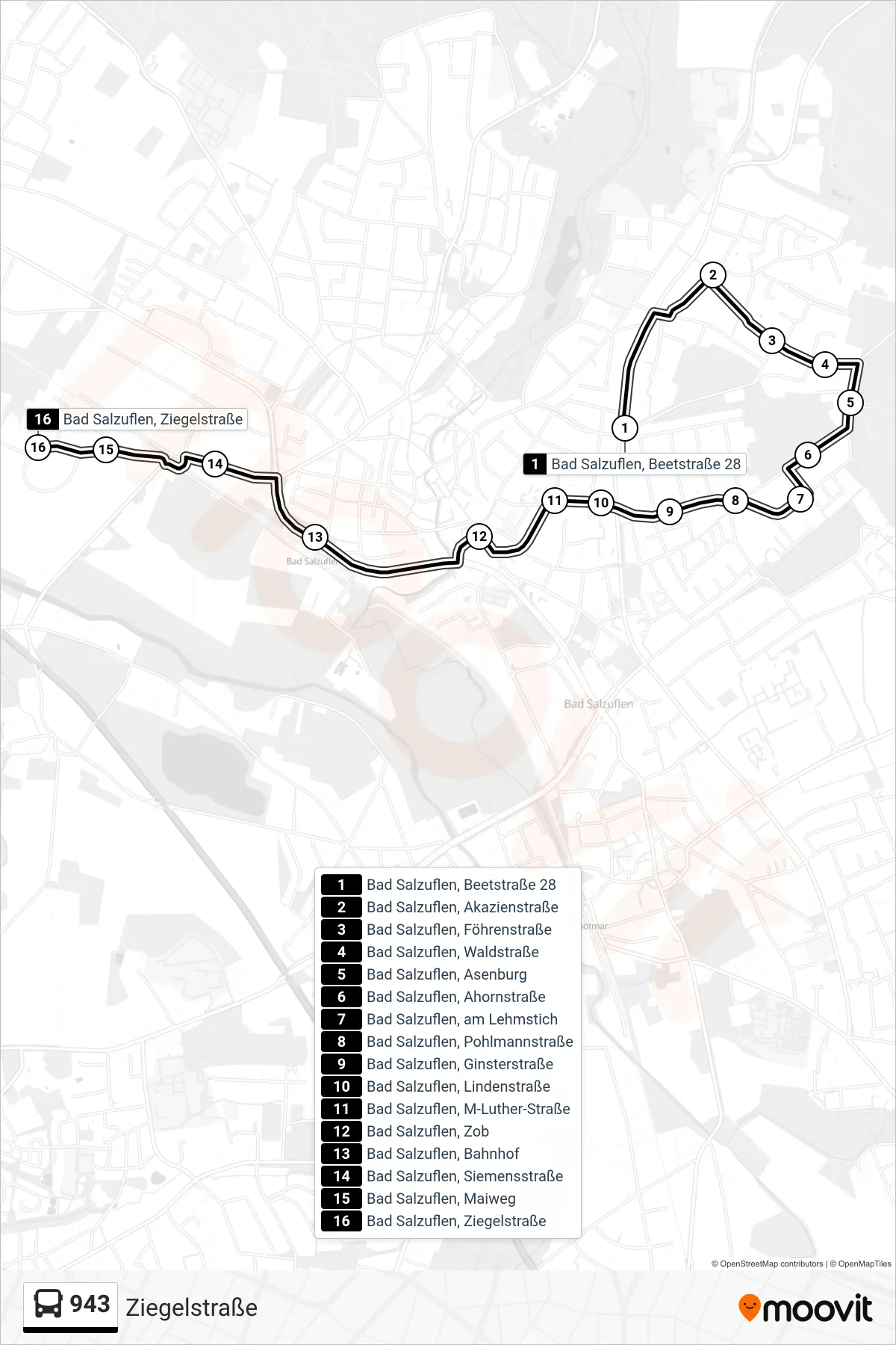 Linie 943 (Bus) Richtung Ziegelstraße: Route und Haltestellen auf der Karte