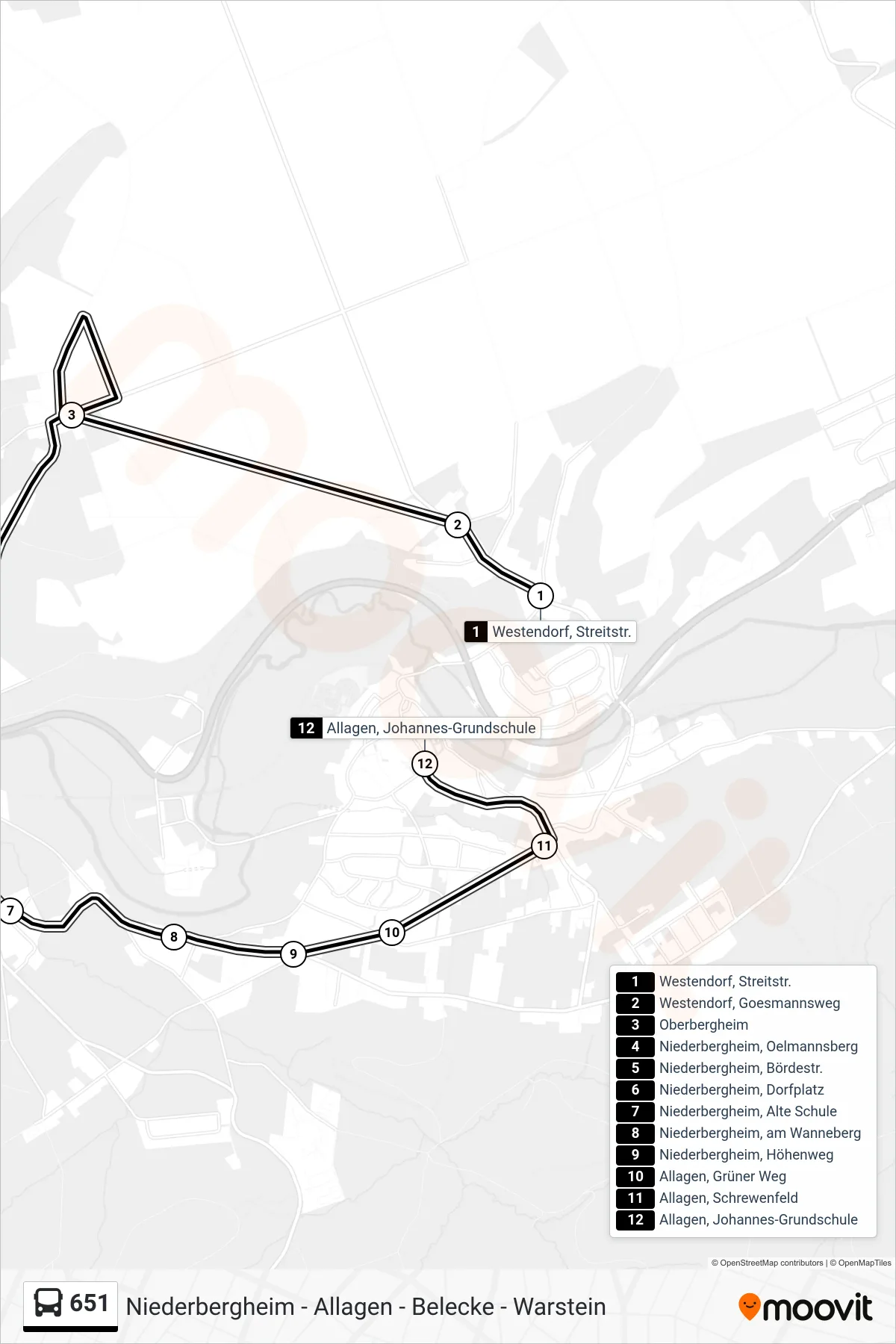 651 bus Line (Allagen, Johannes-Grundschule) route and stops on a map